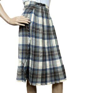 Vintage Plaid 100%‎ Wool Pleated Plaid Midi Skirt Blue Burgundy Cream Size UK 10